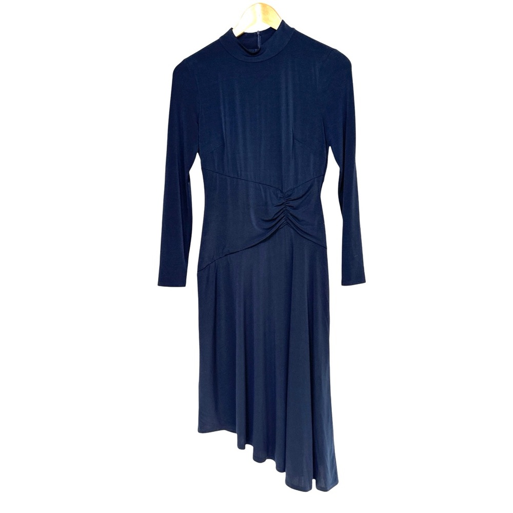 MAGGY LONDON Long Sleeve Mock Neck Midi Dress With Asymmetrical Hem Blue Size 2 - Picture 2 of 6